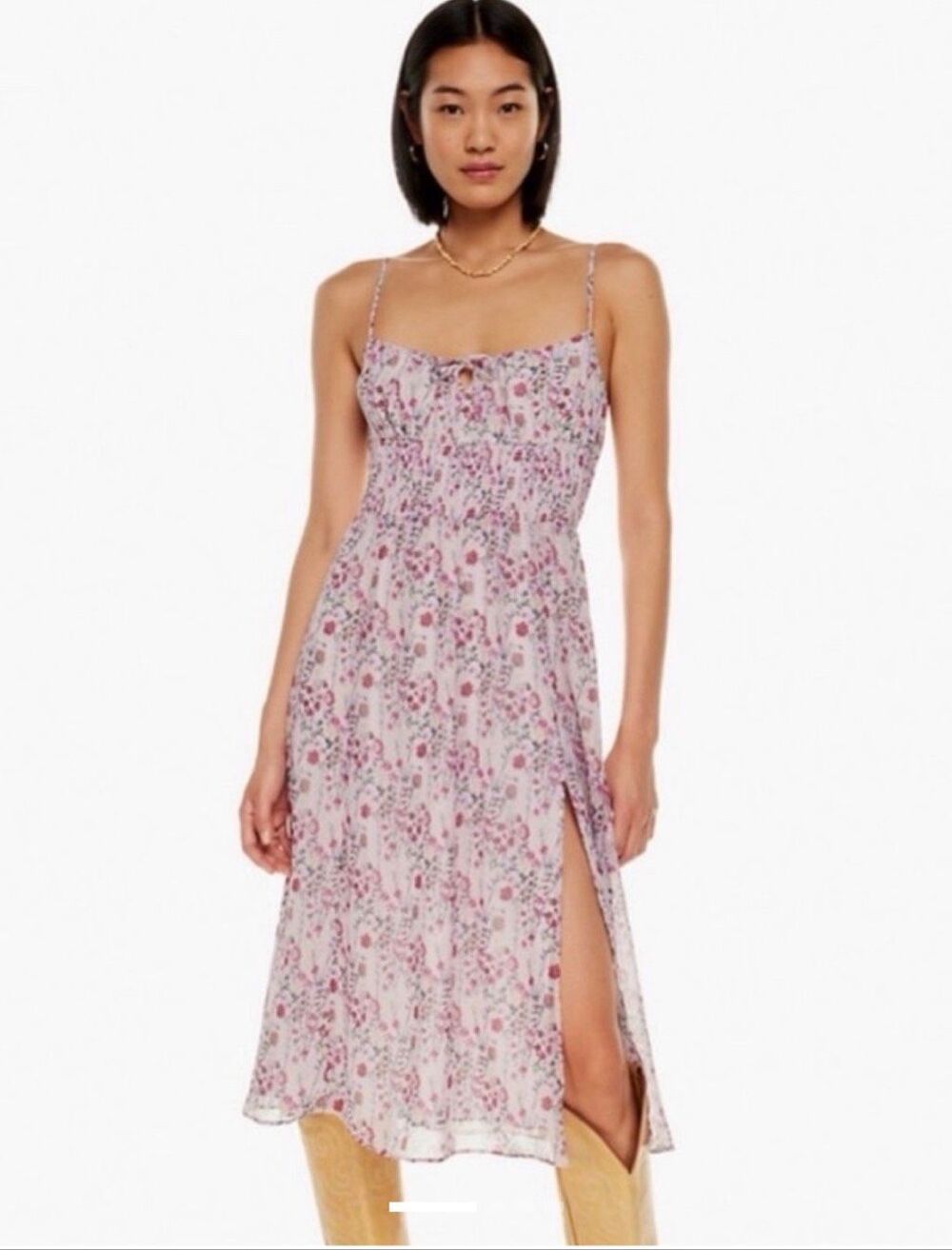 Wilfred Aritzia Floral Smocked Midi Dress Pink Side Slit Cami Dress Small